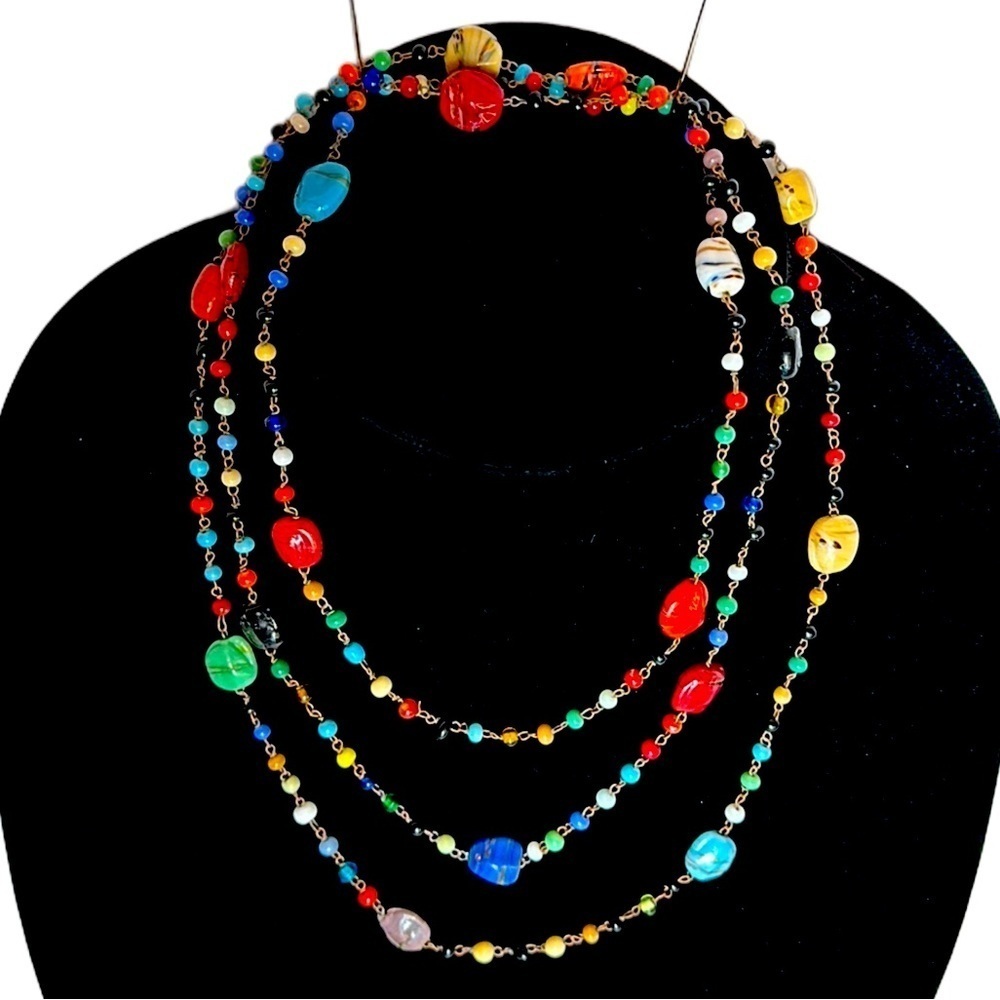 CZECH Vintage Handblown Multicolored Glass Swirled Beads Write Chain Wrapped